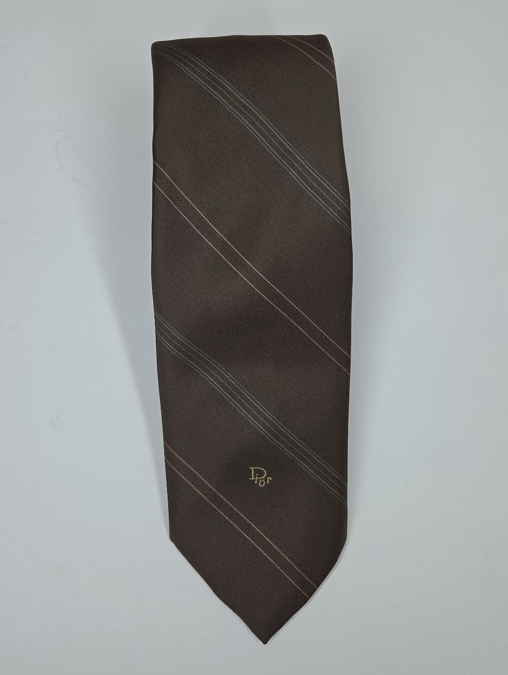 Vtg Christian Dior Polyester Silk Brown Blue Red Stripe Tie Career Designer